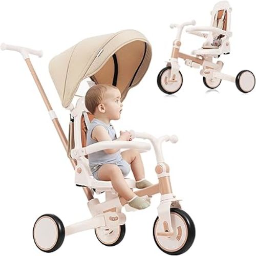 Toddler Tricycle, 7 in 1 Folding Kids Trike for 1-6 Years Old Boys and Girls Gift, Balance Bike with Removable Pedal, Canopy, and Guardrail, Adjustable Push Handle and Seat Height (Light Brown)