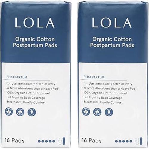 LOLA Organic Cotton Postpartum Pads, 32 Count, Ultra Absorbent and Extra Long Pads, Overnight and Full Coverage, Postpartum Essentials