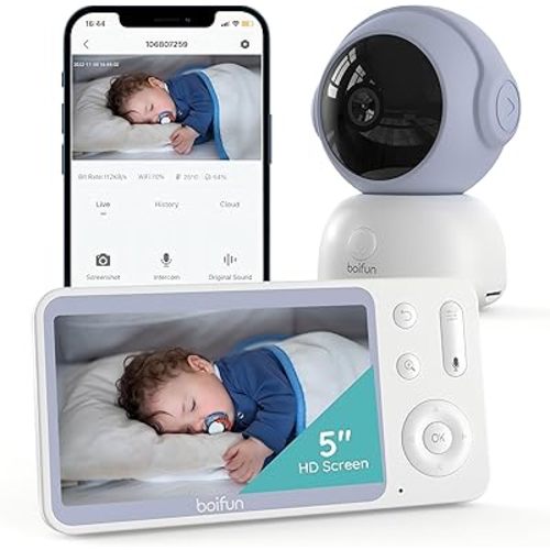 BOIFUN 2K Video Baby Monitor WiFi, 360° Camera & 5 Inch Display, Phone App & Monitor Control, Invisible Infrared Light(Eye Protection), AI Motion & Sound Detection Alarm, Auto Tracking