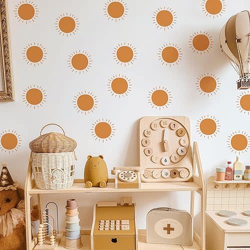 Boho Sun Wall Decals,Sunshine Wall Stickers,Yellow Sunshine Art Decor,Removable Peel and Stick Sunshine Sticker, for Bedroom Nursery Playroom Decor