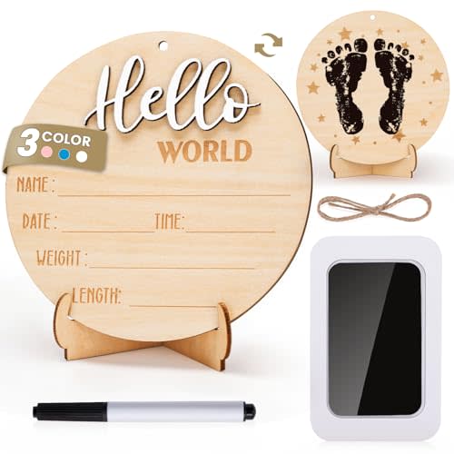 Hello World Sign for Baby Announcement: Gender-Neutral Wooden Welcome Newborn Signs for Hospital with Footprint - Baby Birth Round Board for New Boy and Girl