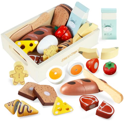 Smartwo Wooden Bakery Toy Food Breakfast Set for Kids,Pretend Play Food Kitchen Accessories with Crates,Fake PlaySets Montessori Toys,Toddlers Cutting Food Gift for Boys and Girls Ages 3+