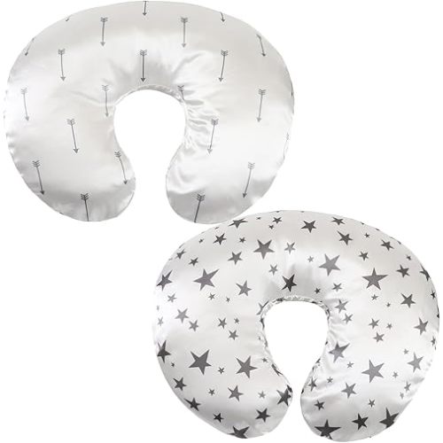 Satin Nursing Pillow Cover Set 2 Pack Ultra Soft Silk Compatible with Boppy Pillow for Breastfeeding Pillow Protect for Baby Hair and Skin Grey Arrows & Stars