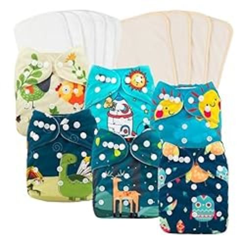 babygoal Reusable Cloth Diapers 6 Pack+6pcs Microfiber Inserts+4pcs Rayon from Bamboo Inserts, One Size Adjustable Washable Pocket Nappy Covers for Baby Boys,Rash-Free - Chick,deer,dinasaur