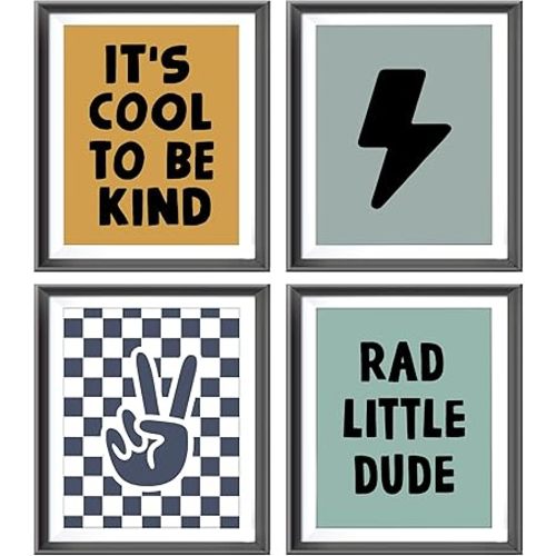 Retro Black Checkered Preppy Lightning Peace Hand Sign Poster Prints for Boy Teen Room Decor,Yellow Green Rad Little Dude Funny Decorations Prints Wall Art Unframed 4pcs 8x10inches,Teen Boys Gifts