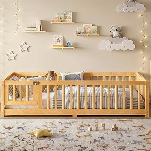 Bellemave Montessori Twin Floor Bed Frame with Fence and Removable Door, Low Profile Twin Size Montessori Bed Frame for Kids, Solid Wooden Floor Beds for Bedroom,Nursery, Natural