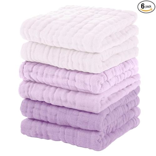 Unnivoll Muslin Burp Cloths Baby 12''X12'', Baby Washcloths 6 Pack, 100% Cotton Baby Wash Cloths Absorbent and Soft for Newborn Infants Kids Boys Girls - Gradient Purple