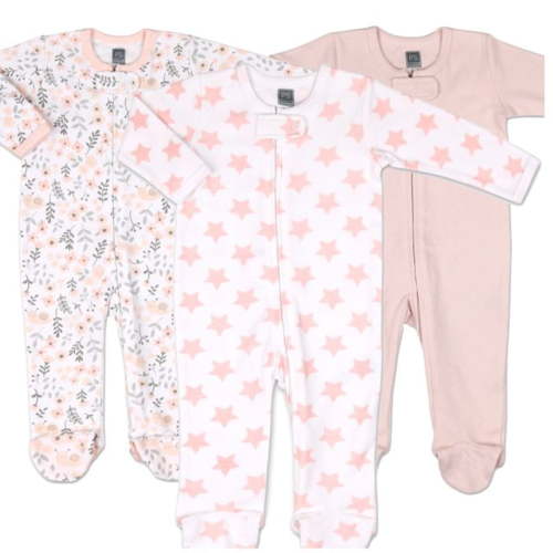 The Peanutshell Baby Sleep n Play Footed Pajamas for Girls, Pink Floral, 3 Pack, Newborn to 9 Months