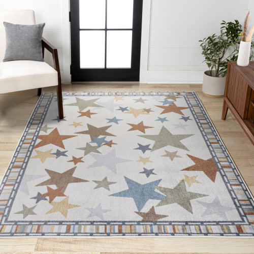 Ivy Bronx Bergvin Star Gazer Geometric Machine-Washable Ivory/Blue/Orange Rug | Wayfair
