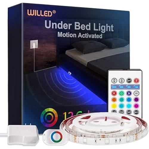 WILLED RGB LED Strip Lights, Under Bed Light Motion Activated Sensor, RF Remote Control with Timer, Color Changing Strip Lighting for Bed, Stairs, Shelf, Desk, Cabinet and Party Decoration