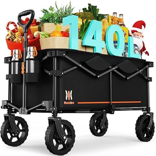 Navatiee 140L Collapsible Folding Wagon, Large Capacity Foldable Wagon with Silent All-Terrain Wheels, Utility Grocery Cart for Camping Shopping Outdoor, Black