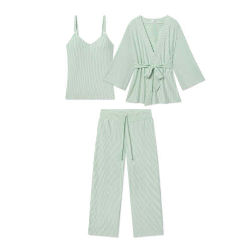 LAKE | Women | DreamModal Pajamas | Parisian Green Pencil Stripe Maternity Kimono Bundle