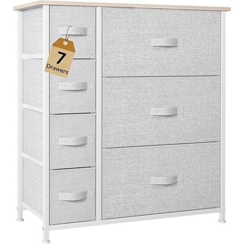 DWVO Dresser for Bedroom, 7 Drawers Fabric Dresser, Organizer Unit for Living Room, Hallway, Closets - Sturdy Steel Frame, Wooden Top & Easy Pull Fabric Bins, Light Gray