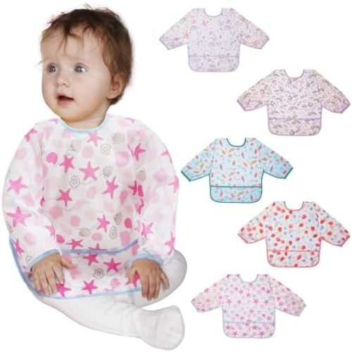 Lictin 5 Pcs Waterproof Long-sleeved Bibs, Bibs with Sleeves Adjustable Neckline for Babies