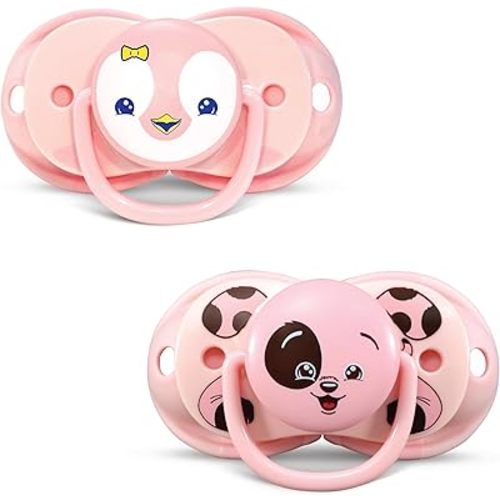 RaZbaby Keep-it-kleen Baby Pacifier (2PK) | 0-36m | Closes When Dropped, Nipple Stays Clean | Silicone Orthodontic Nipple (Pink Penguin and Puppy)