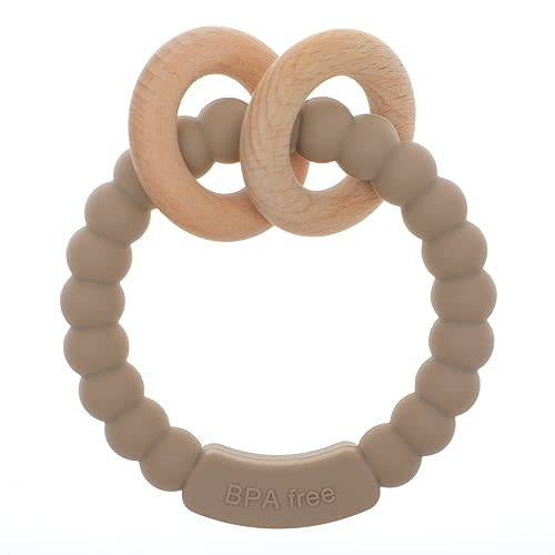 Dirbabi Baby Teether, One Piece Design Silicone & Beech Teething Ring Toy for Babies, BPA Free (Sand)