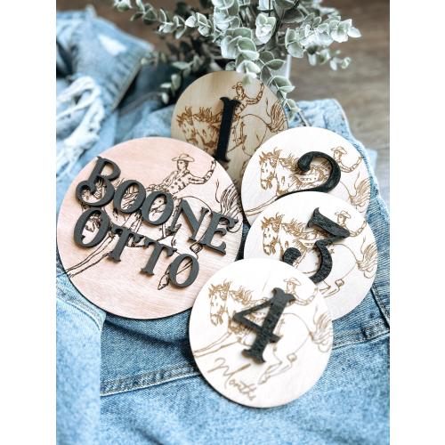 Western Nursery Wood Milestone Discs, Cowboy Baby Name Announcement Sign