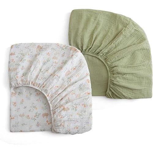 Muslin Crib Sheets - Fitted Crib Mattress Sheets for Boys and Girl - 28"x 52", 2 Pack (Rabbit, Green)