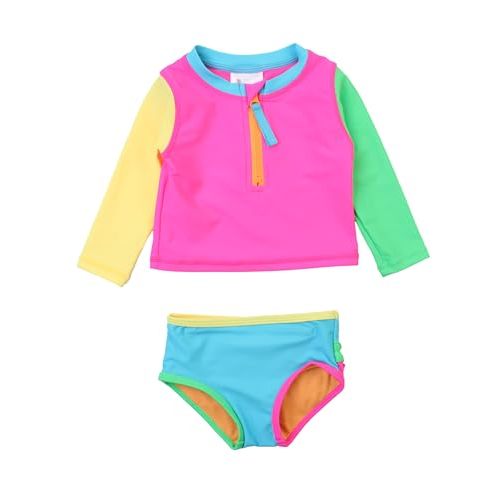 RuffleButts® Baby/Toddler Girls Long Sleeve Rash Guard 2 Piece Swimsuit Set w/UPF 50+ Sun Protection with Zipper