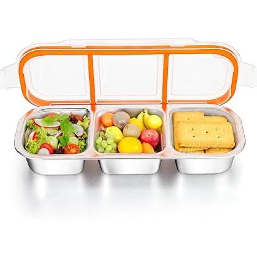 Palksky Stainless Steel Snackle Box Container, Reusable Snack Containers with Lids, 3 Compartment Divided Food Storage Containers for School, Home, Travel