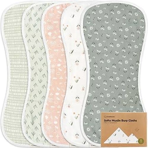 5-Pack Muslin Burp Cloths for Baby Boys and Girls - Super Absorbent Baby Burp Cloth, Viscose Derived from Bamboo Cotton Baby Washcloths, Burp Rags, Large Neutral Burp Clothes for Newborn (Fleur)