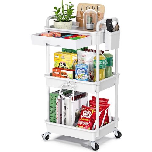 3-Tier Rolling Cart with Drawer & Lockable Wheels, Plastic Shelf Storage Organizer Cart – Easy Assembly, Waterproof Design for Kitchen, Bathroom, Office, White
