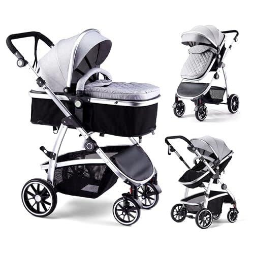 Hagaday Baby Stroller, 2-in-1 Reversible Stroller with Bassinet Mode, Foldable Infant Stroller with Canopy, One Button Brake, Adjustable Handle, Newborn Stroller (Gray)