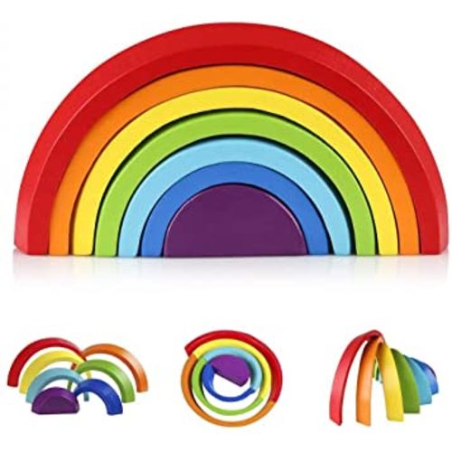 Coogam Wooden Rainbow Stacker Nesting Puzzle Blocks - Tunnel Stacking Game Building Creative Color Shape Matching Jigsaw Learning Toy Set Board Early Development Gift for Kids Boy Girl
