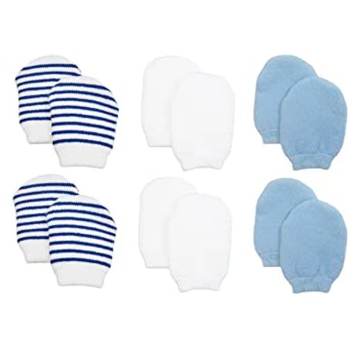 Newborn Baby No Scratch Cotton Mittens - 6 Pairs (White, Blue, Blue Stripes)