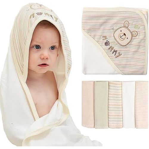 6 Pack Baby Hooded Towel and Washcloths Set, Premium Ultra Soft Reusable 100% Organic Cotton Baby Bath Towel, Baby Blanket for Newborns, Infants, Toddlers, Stripes, 30 x 30 Inch