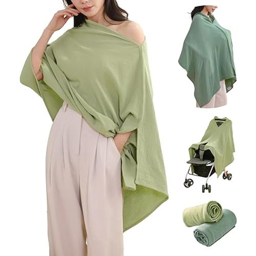 2-Pack Nursing Covers for Breastfeeding, 100% Organic Cotton Muslin Breastfeeding Cover, Multi-Use Nursing Scarf, Car Seat Canopy, Stroller Cover, Soft Breathable Baby Blanket Large Green