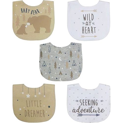 Neat Solutions 5 Pack Aspirational Bib Set with Mixed Fabrics & Water Resistant Inner Core - Boy, Grey Oatmeal While