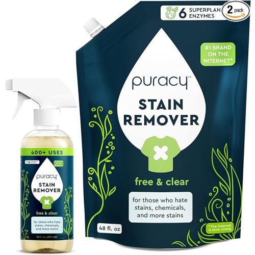 Puracy Stain Remover - Cleaning Spray, Clothes Stain Remover for Clothes, Laundry Stain Remover Spray for Clothes, Travel Stain Remover, Oil Stain Remover, Natural Spot Free&Clear 12oz & 48oz Bundle - Stain Remover 12oz + 48oz