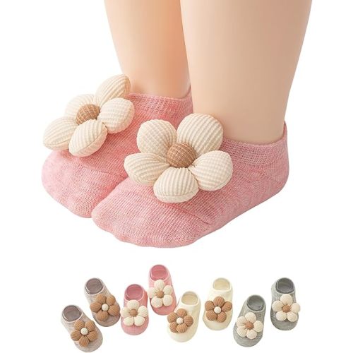 VWU Baby Socks with Grips,Infant Toddler Girls Boys Low Cut Non Slip Cotton Cute Flower 0-18 Months