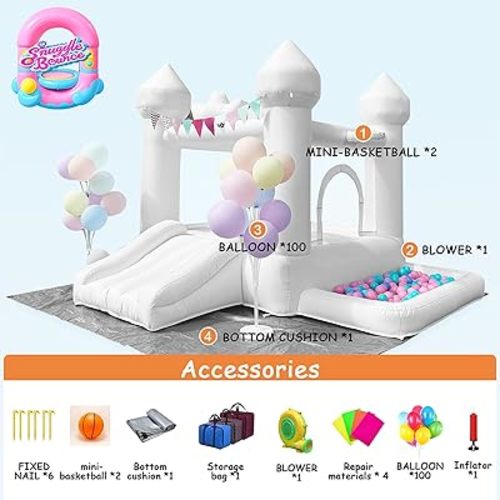 9FT White Bounce House,Inflatable Toddler Bouncy House for 3-6 Age Kids Party Gift with Blower White Jumper Bouncy Castle Wedding Decorations for Outdoor Play Backyard