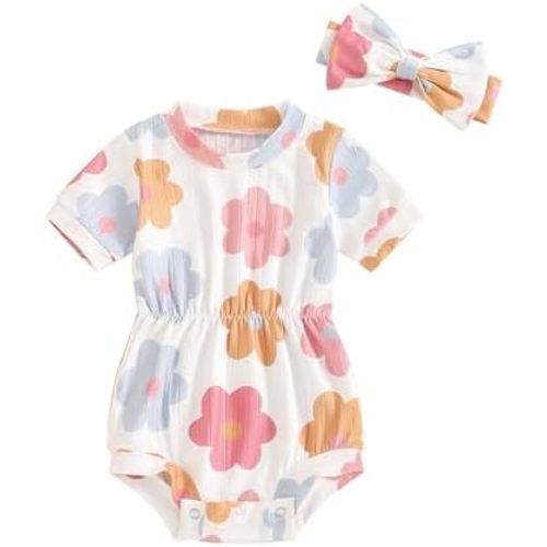 Madjtlqy Newborn Baby Girl Summer Bubble Romper Short Sleeve Daisy Bodysuit with Headband Infant Girl Floral Print Jumpsuit