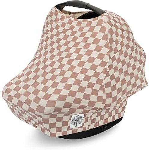 Parker Baby 4 in 1 Car Seat Cover for Girls and Boys - Stretchy Carseat Canopy, Nursing Cover, Grocery Cart Cover, High Chair Cover - "Rosewood Checker"
