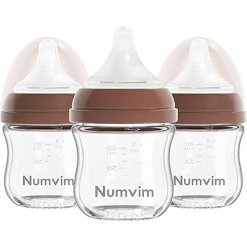 Natural Glass Baby Bottles Gentle & Extra Slow Flow, Newborn Breastfeeding Bottle with Anti Colic Nipple for 0 Months Babies, 3 Packs (Brown (3 Ounce), 1 Count (Pack of 3))