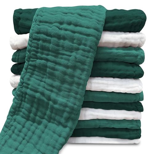 Muslin Burp Cloths for Baby 100% Cotton Burping Cloths for Unisex, Boy, Girl - Large 20'' by 10'' Newborn Essentials Ultra Soft Absorbent Milk Spit Up Rags - 12 Pack - White+Deep Emerald Series