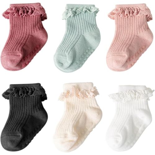 DRESHOW BQUBO Baby Girls Toddler Anti Slip Socks - Cute Frilly Ruffle Grip Ankle Socks for Infant Toddler