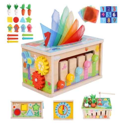 Ancaixin 6-in-1 Montessori Tissue Box Toy for 6+ Months Baby, Wooden Activity Cube, Puzzles 12-18 Months, Perfect 1 Year Old Girl Boy Gifts, Sensory Toys for Toddlers 1-3, Baby 1st Birthday Gift