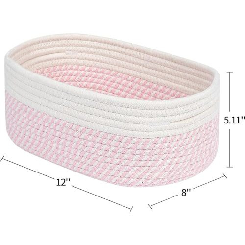 CubesLand Rectangle Organization/Storage Basket, Natural Cotton Rope Woven Baskets for Organizing, Small Basket for Kids, Baby Nursery, Cat Dog Toy Baskets, Organizer Bins for Shelves 3 Packs - Off White/Mixed Pink