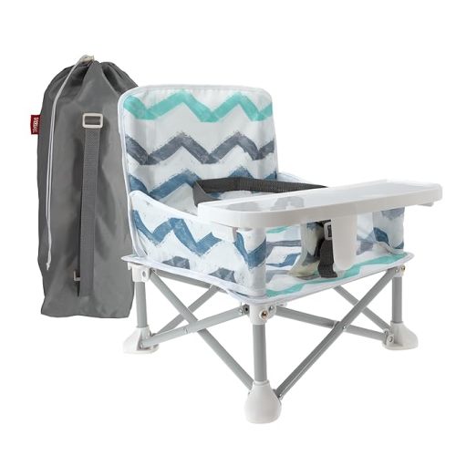 Nuby Pop-Up Booster Seat with Removable Tray - 6+ Months - Portable Booster Seat for Floor for Indoor/Outdoor Use - 3-Point Safety Adjustable Straps - Summer Travel Essentials - Chevron