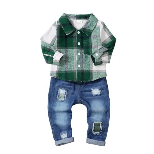 NZRVAWS Toddler Baby Boy Clothes Infant Plaid Pocket Shirt Denim Ripped Jean Pants Outfit Set 6-24 Months 2-5T