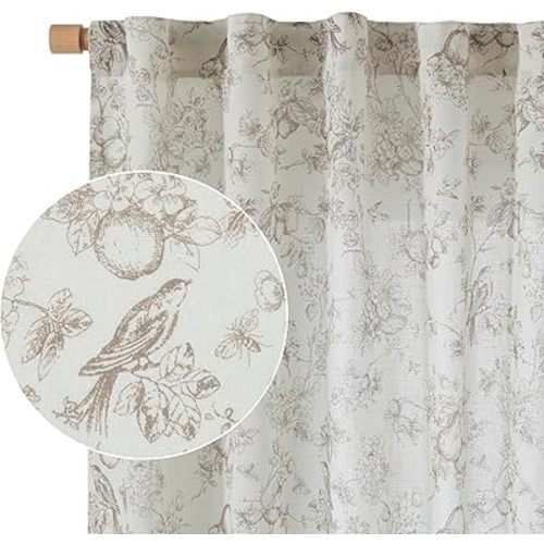 Vangao Linen Blend Floral Curtains for Living Room 84 Inch Length Taupe Drapes Back Tab Light Filtering Toile Printed Farmhouse Bedroom Decor Rod Pocket Window Treatments 2 Panels Set