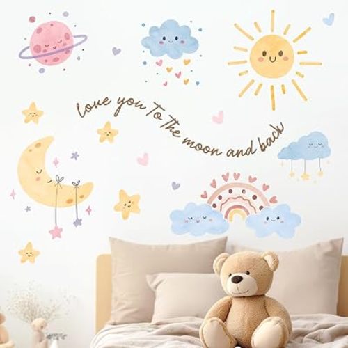 Mfault Watercolor Sun Rainbow Cloud Wall Decals Stickers, Love You to The Moon and Back Planet Stars Nursery Decorations Kids Bedroom Art, Heart Polka Dots Girls Boys Baby Toddler Room Playroom Decor