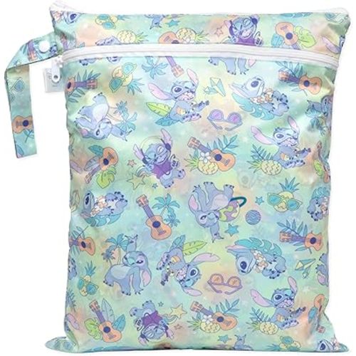 Bumkins Disney Waterproof Wet Dry Bag for Baby, Travel, Swimsuit, Cloth Diapers, Pump Parts, Pool, Beach, Gym Clothes, Toiletry, Hook to Stroller, Daycare, Zipper Reusable Wetdry Packing, Aloha Stitch