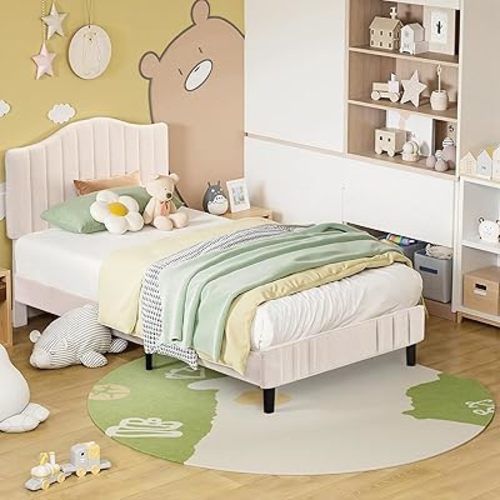 VECELO Twin Bed Frame Upholstered Platform Bed Frame with Height Adjustable Teddy Fabric Headboard, Strong Wood Slats Supports 7.9'' Under Bed Space Noise Free No Box Spring Needed, Beige