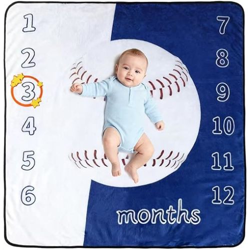 Swadding Blankets Baby Blankets Baby Monthly Milestone Blanket Baseball Month Blanket for Newborn Boys & Girls, Soft Flannel Mat with Photo Prop for Baby Shower, Neutral 47x47 Inches