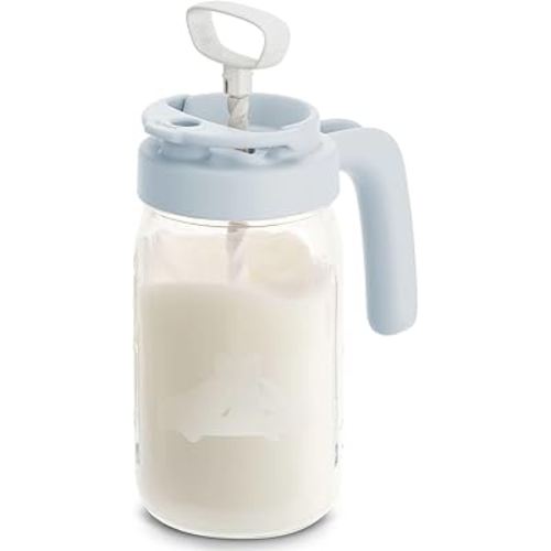Papablic Glass Breastmilk Pitcher, Formula Mixing Pitcher with Mixing Handle Lid, 32 Oz Wide Mouth Mason Jar Mixer with Flip Locking Spout, Easy to Clean, BPA Free, Blue